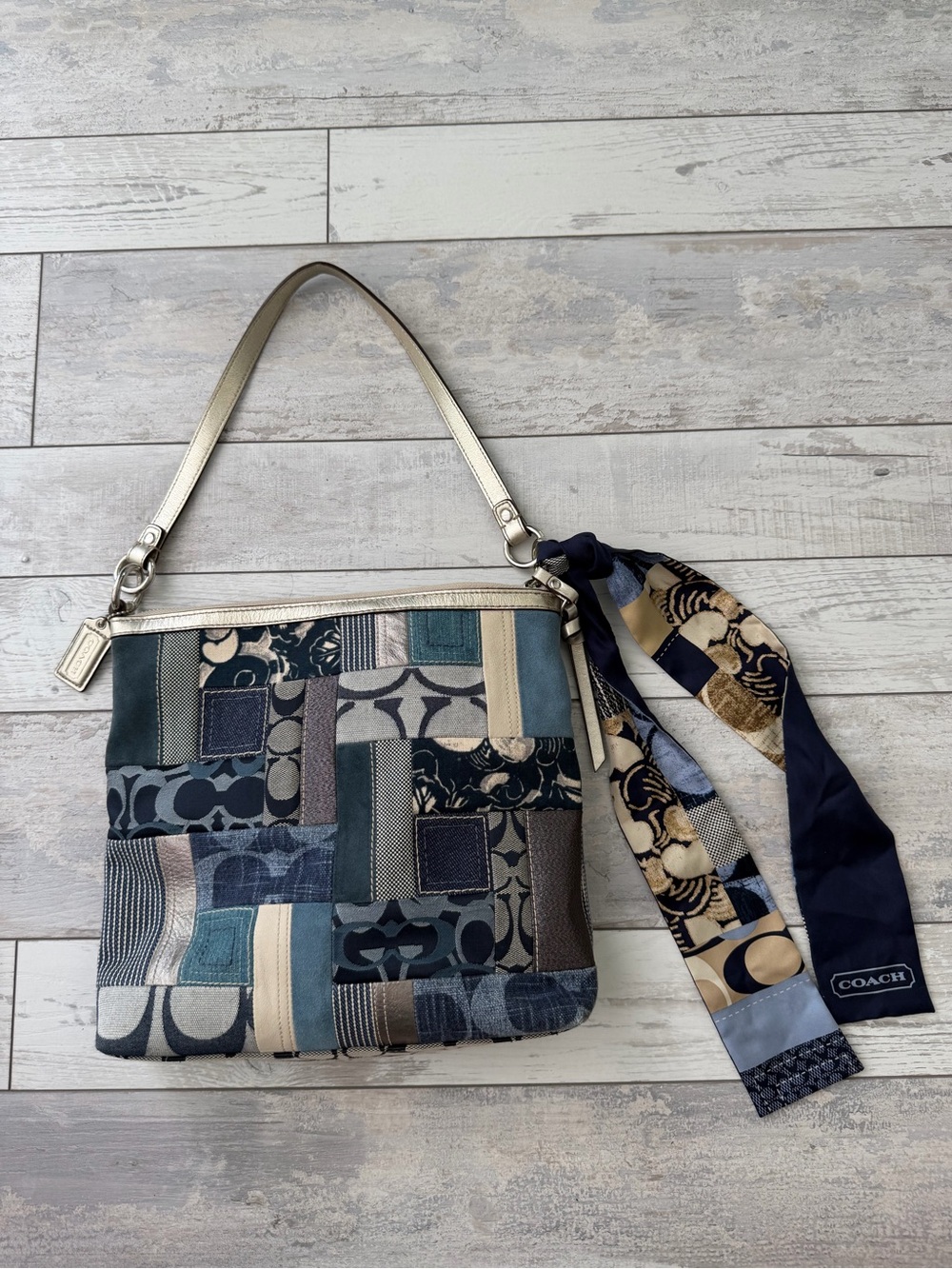 Y2K Coach Patchwork Denim Shoulder Bag with matching silk Scarf